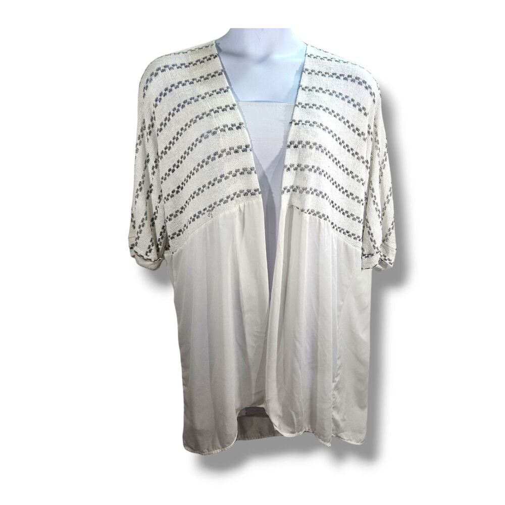 Si Style Cardigan Size Small White Gray Stripes V-neck 3/4 Sleeve Open Front